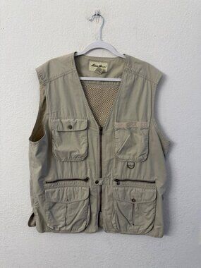 Eddie Bauer Mens Beige Utility Travel Vest Size Large 100% Cotton Multi-Pocket D